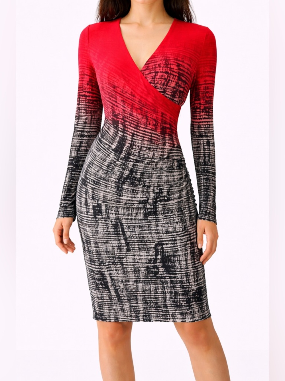 Calvin Klein Red Black Abstract Print Faux Wrap Sheath Dress Size 2